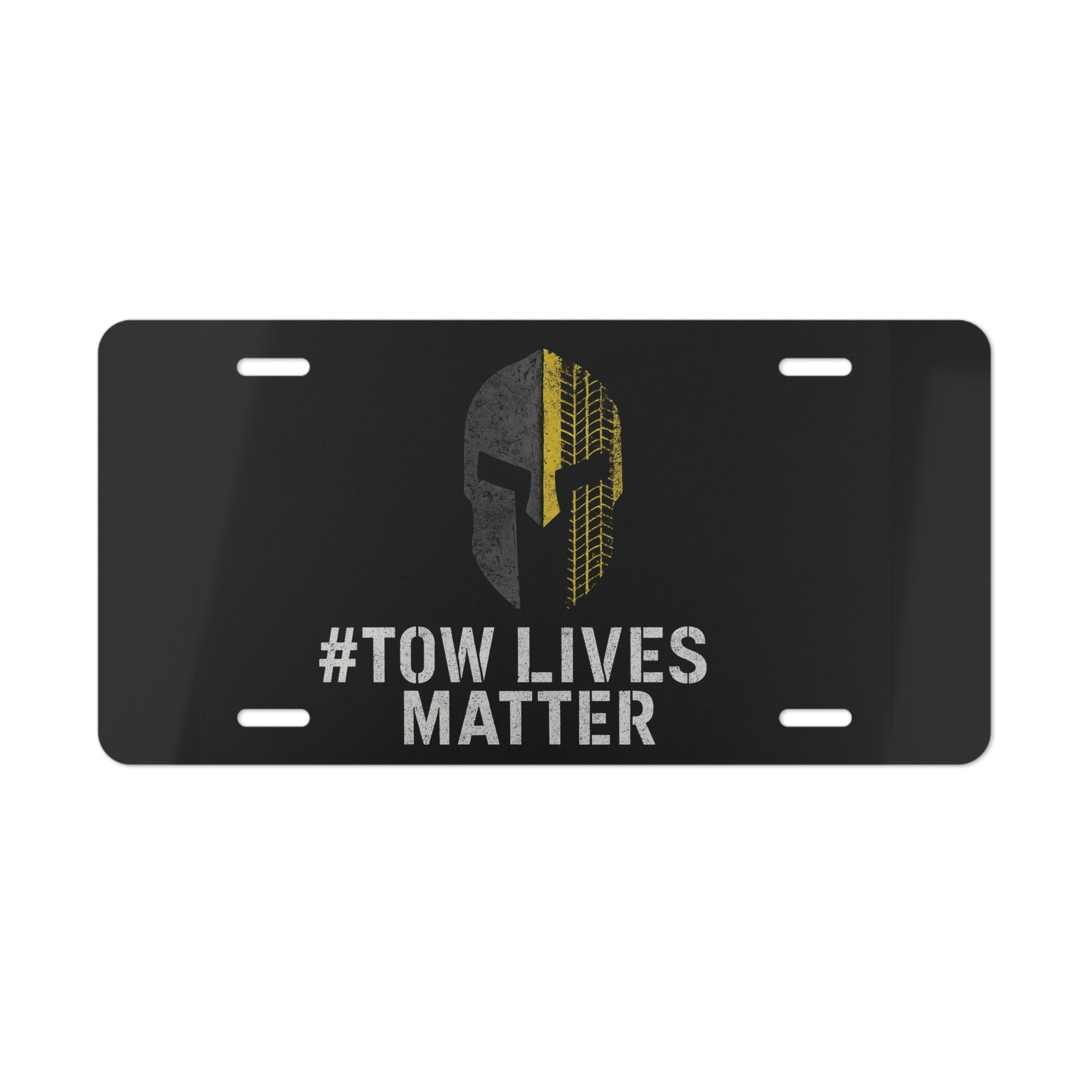 Tow Lives Matter Vanity Plate – Spartan Helmet with Yellow Tire Track for Tow Truck Operators