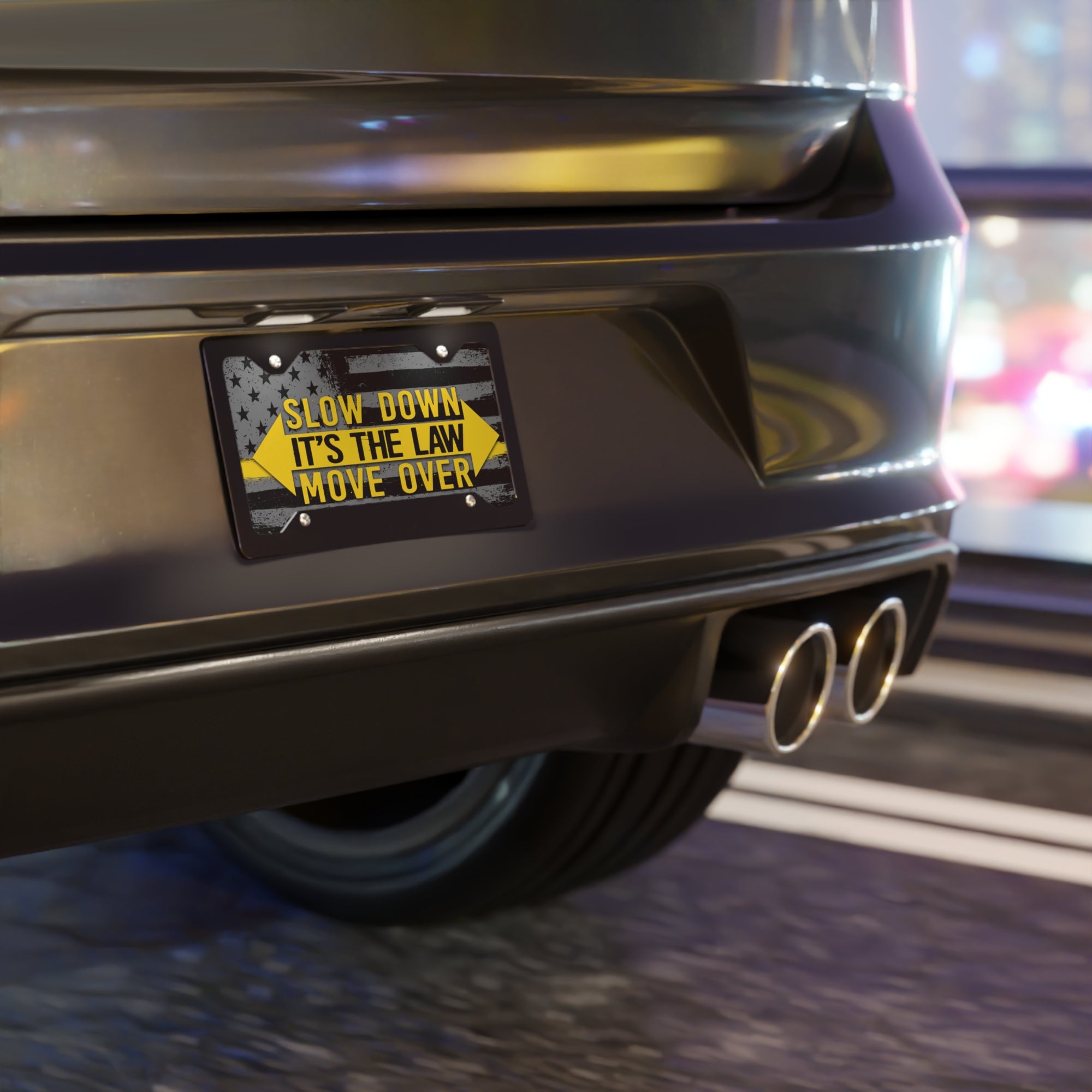 Slow Down Move Over Vanity Plate – Thin Yellow Line American Flag Safety Sign