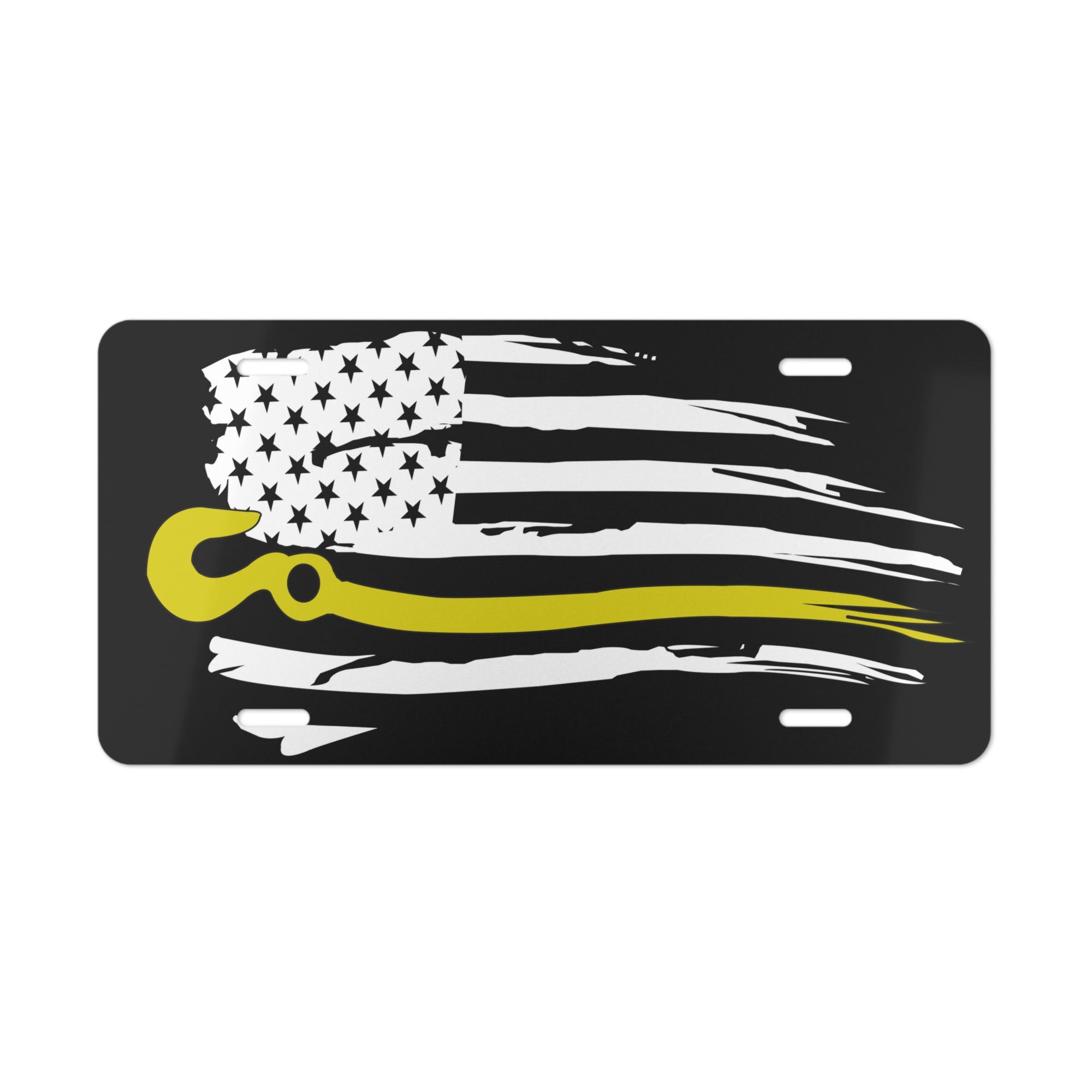 Tow Hook Flag Vanity Plate – Distressed American Flag with Thin Yellow Line for Tow Operators