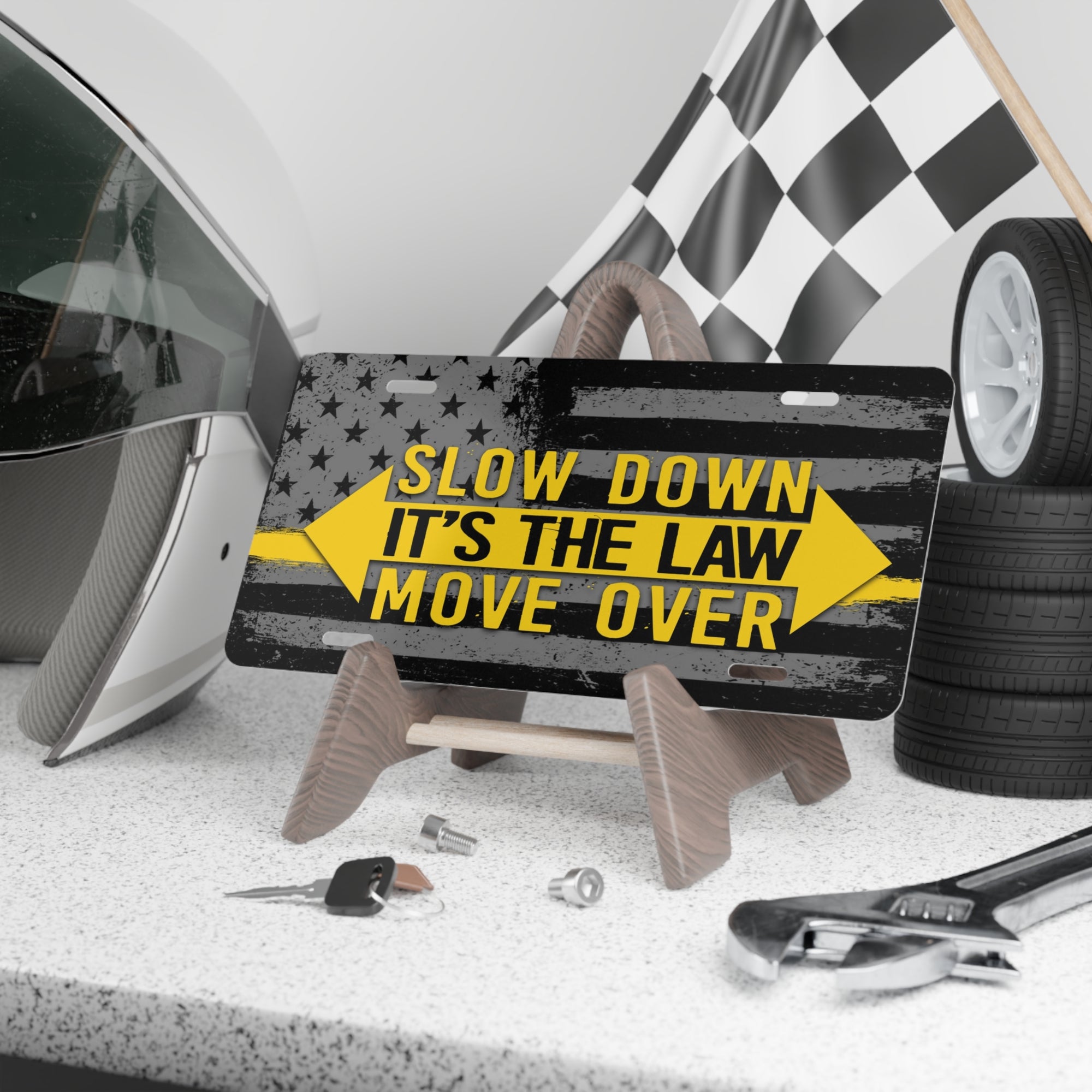 Slow Down Move Over Vanity Plate – Thin Yellow Line American Flag Safety Sign