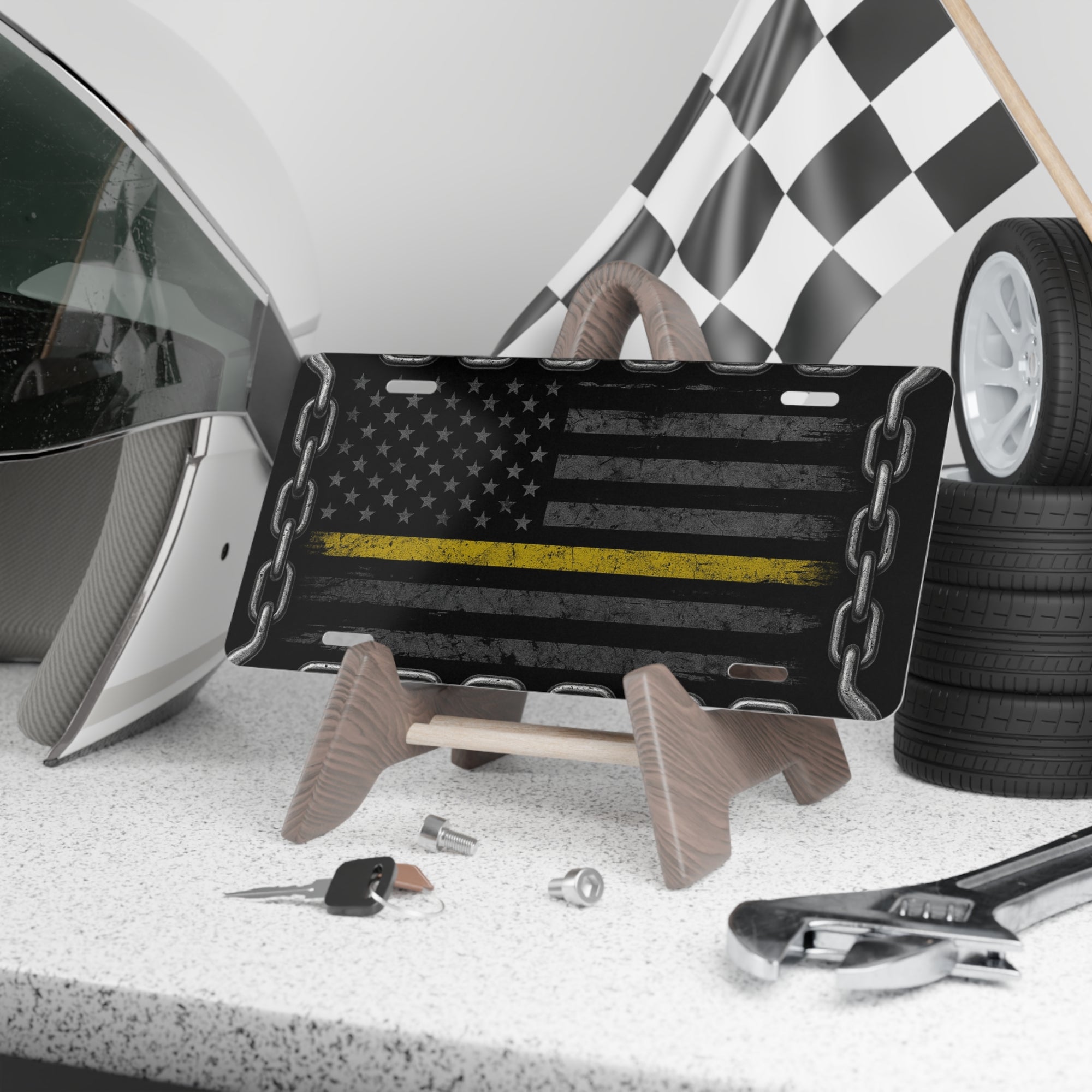 Thin Yellow Line Chain Flag Vanity Plate