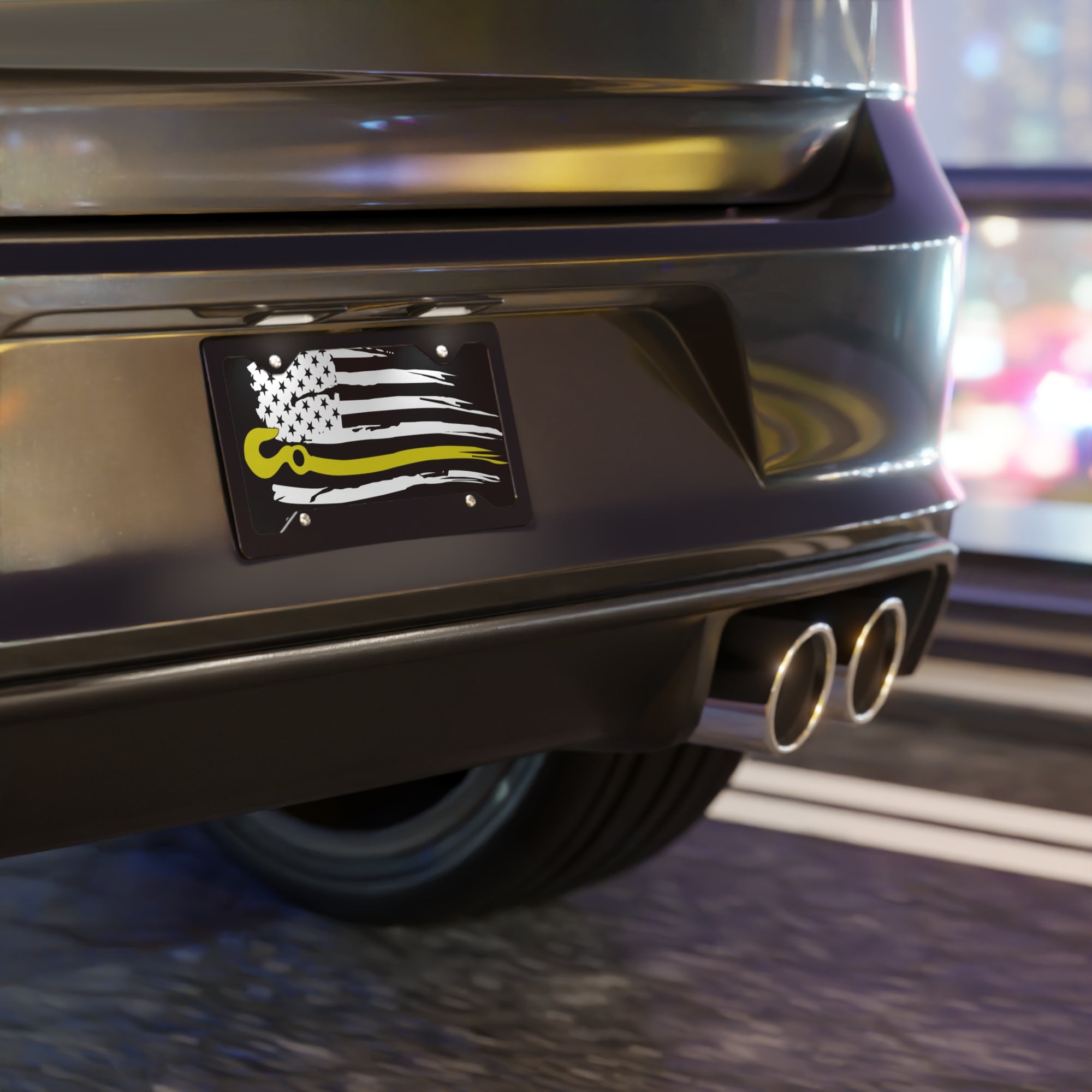 Tow Hook Flag Vanity Plate – Distressed American Flag with Thin Yellow Line for Tow Operators