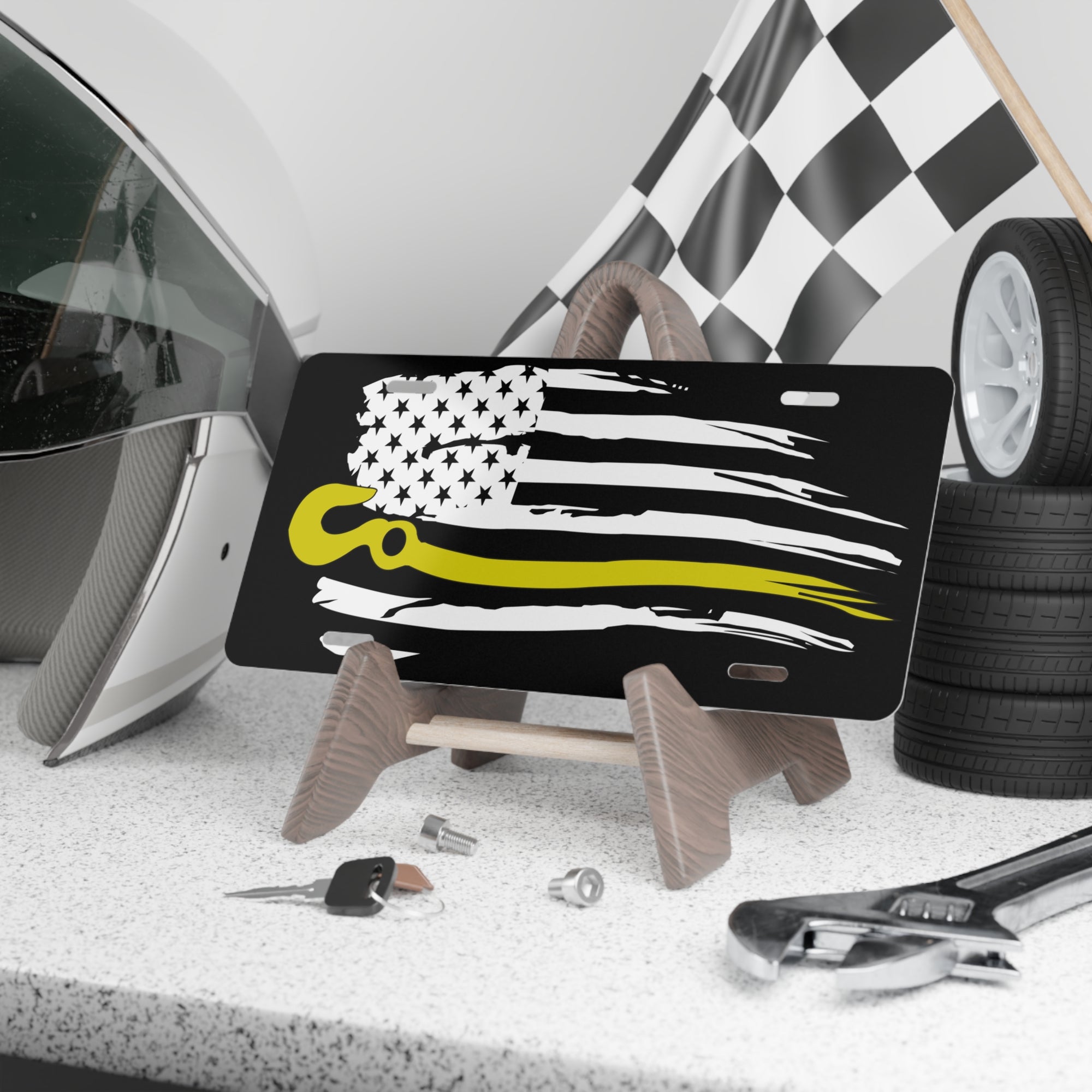 Tow Hook Flag Vanity Plate – Distressed American Flag with Thin Yellow Line for Tow Operators