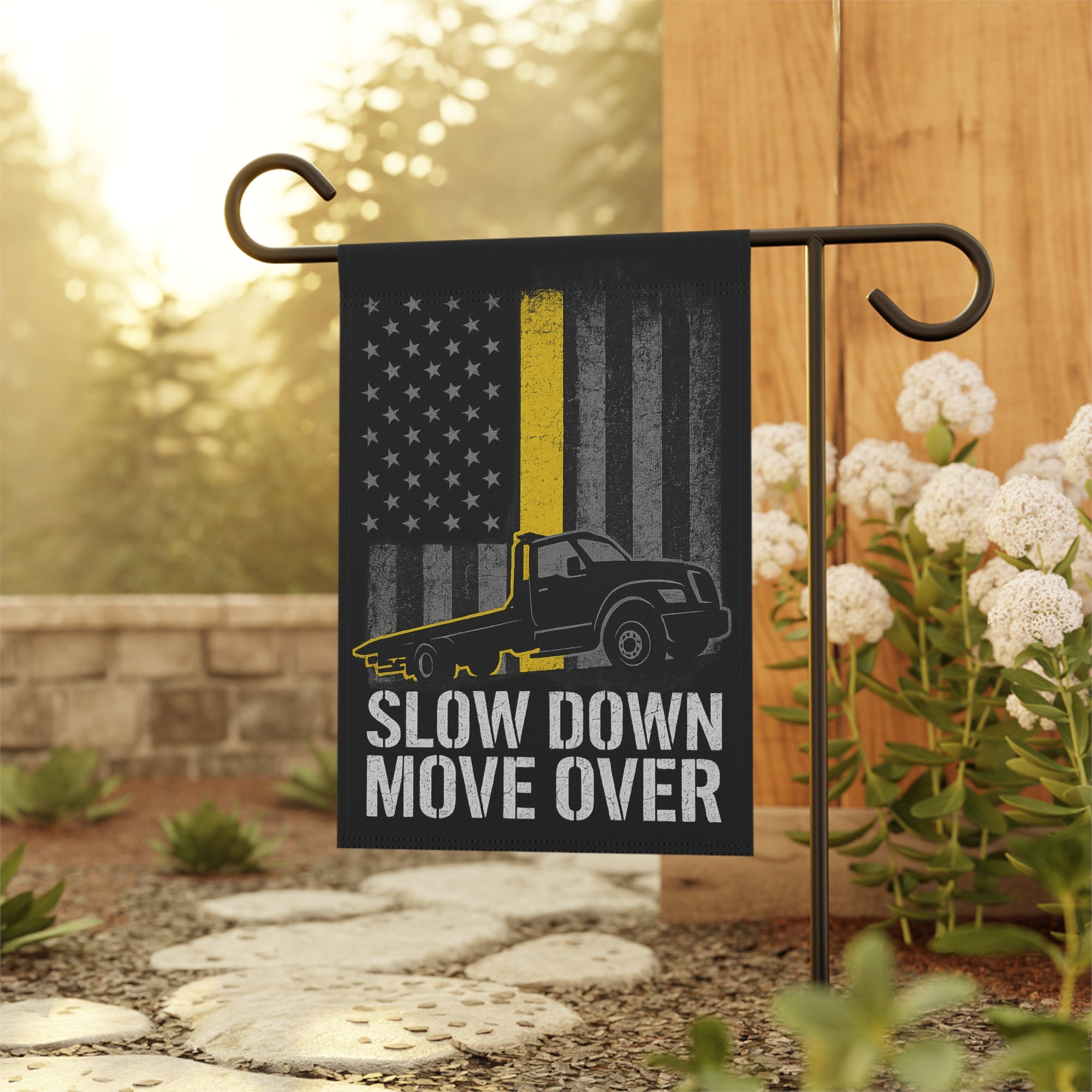 Slow Down Move Over Thin Yellow Line Garden Flag – Double-Sided Print
