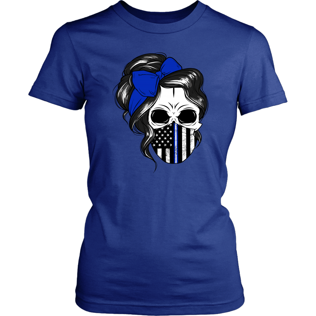 Skull with Messy Bun and Police Flag Mask Shirt