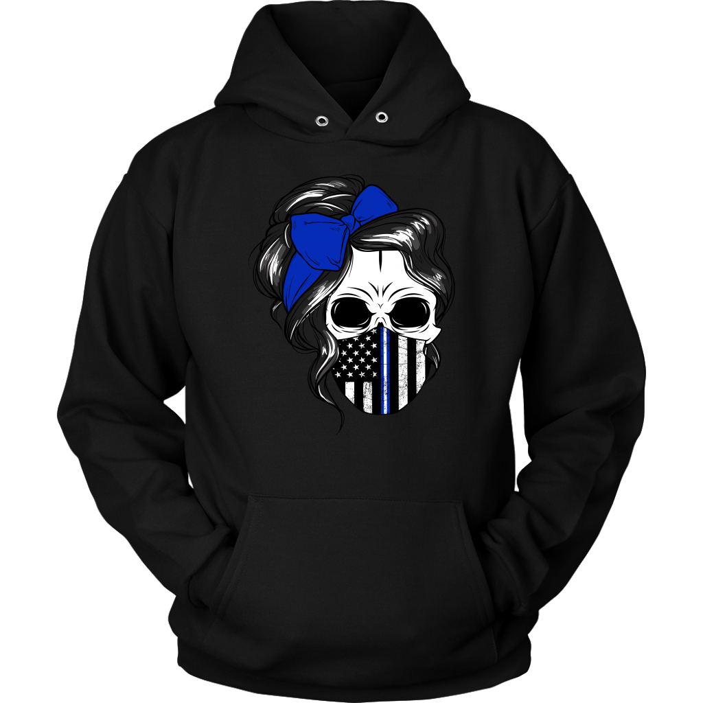 Skull with Messy Bun and Police Flag Mask Shirt