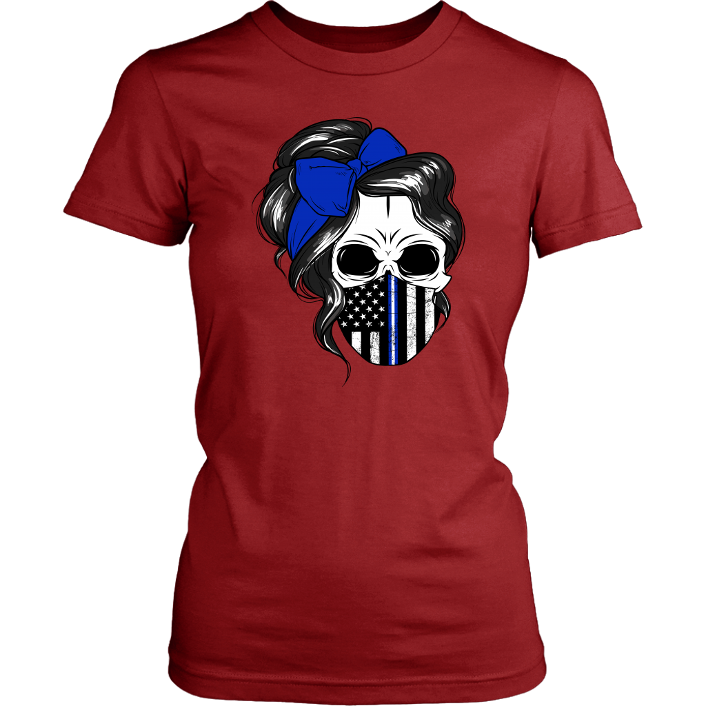Skull with Messy Bun and Police Flag Mask Shirt