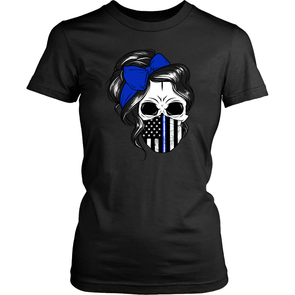 Skull with Messy Bun and Police Flag Mask Shirt