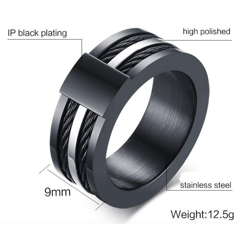 Men's Black Cable Ring – Tough Stainless Steel Band