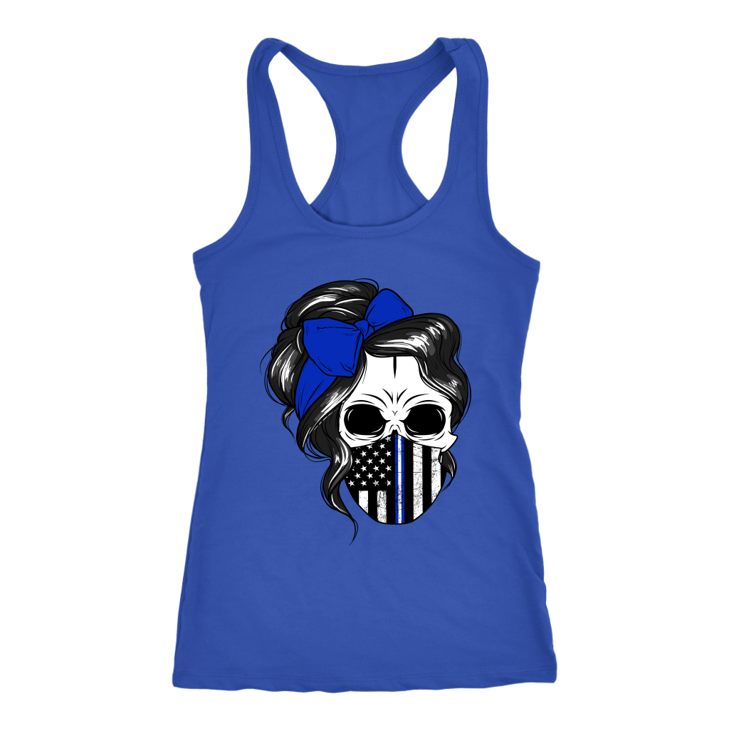 Skull with Messy Bun and Police Flag Mask Shirt