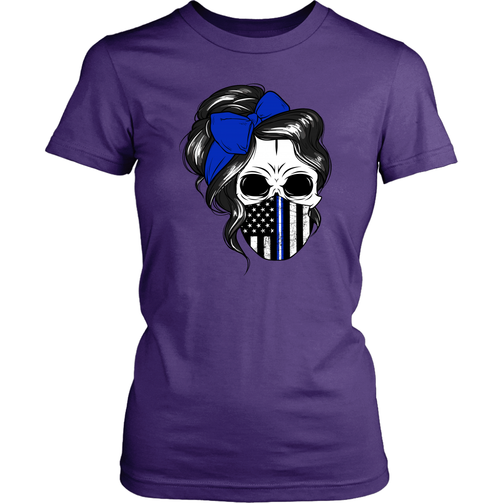 Skull with Messy Bun and Police Flag Mask Shirt
