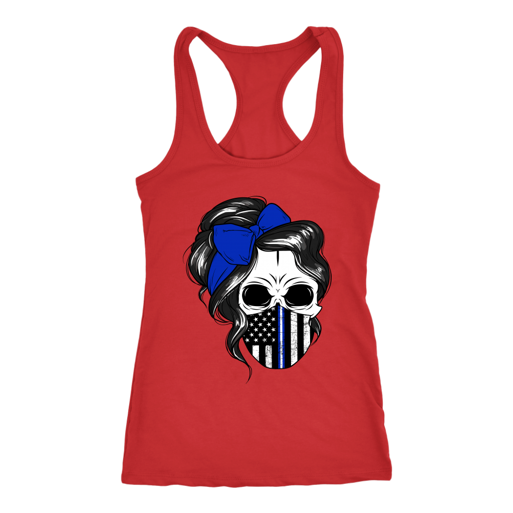 Skull with Messy Bun and Police Flag Mask Shirt