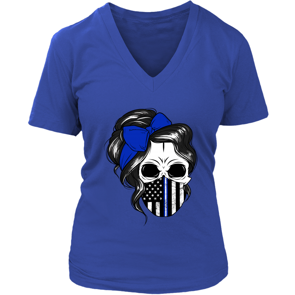 Skull with Messy Bun and Police Flag Mask Shirt