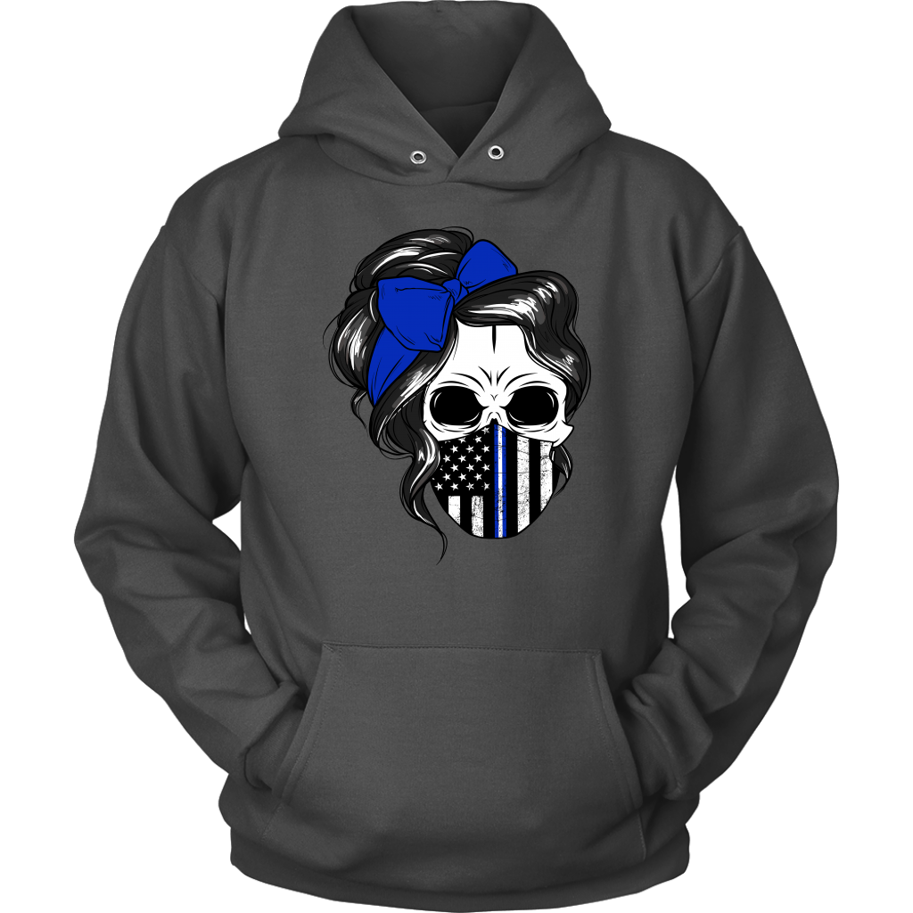 Skull with Messy Bun and Police Flag Mask Shirt