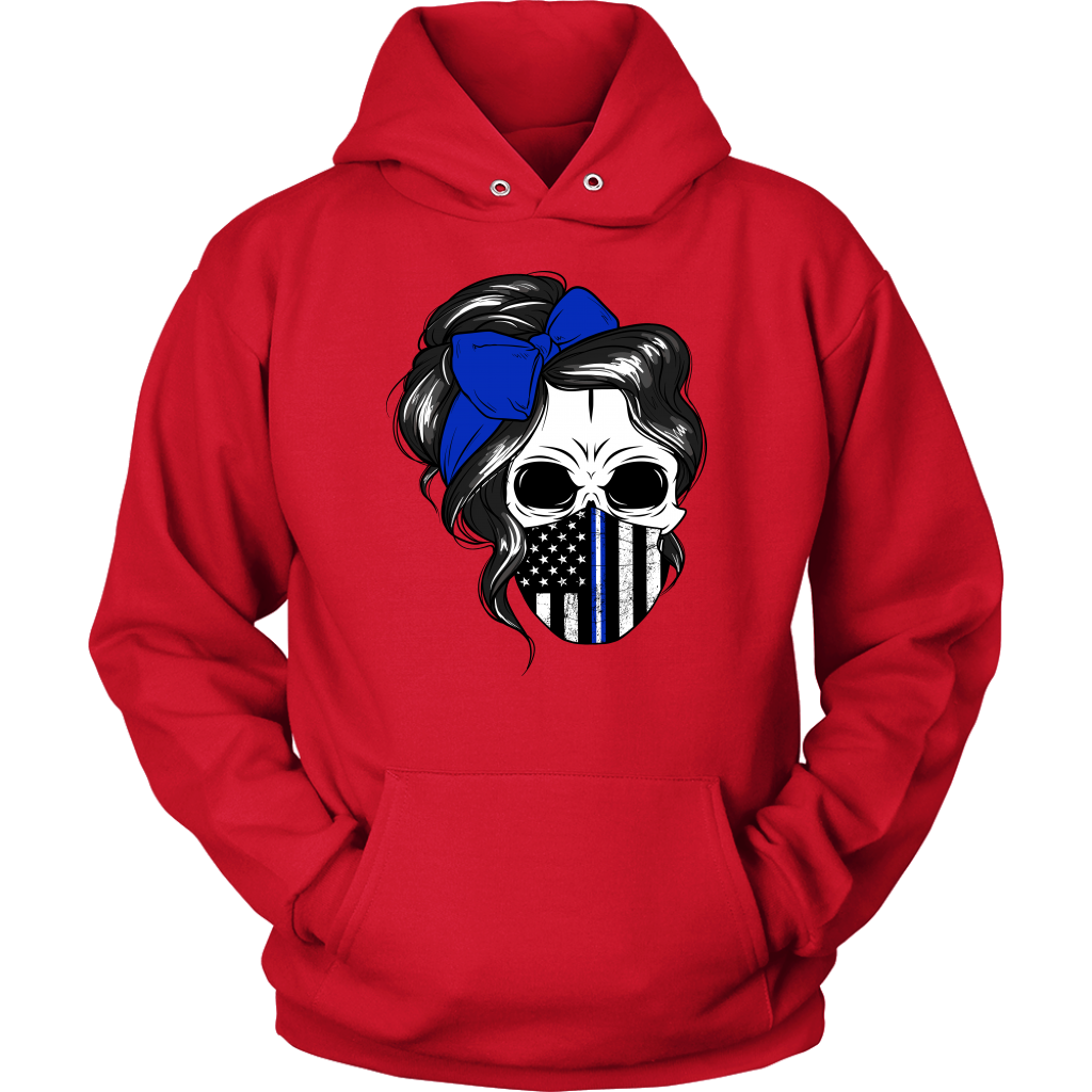 Skull with Messy Bun and Police Flag Mask Shirt