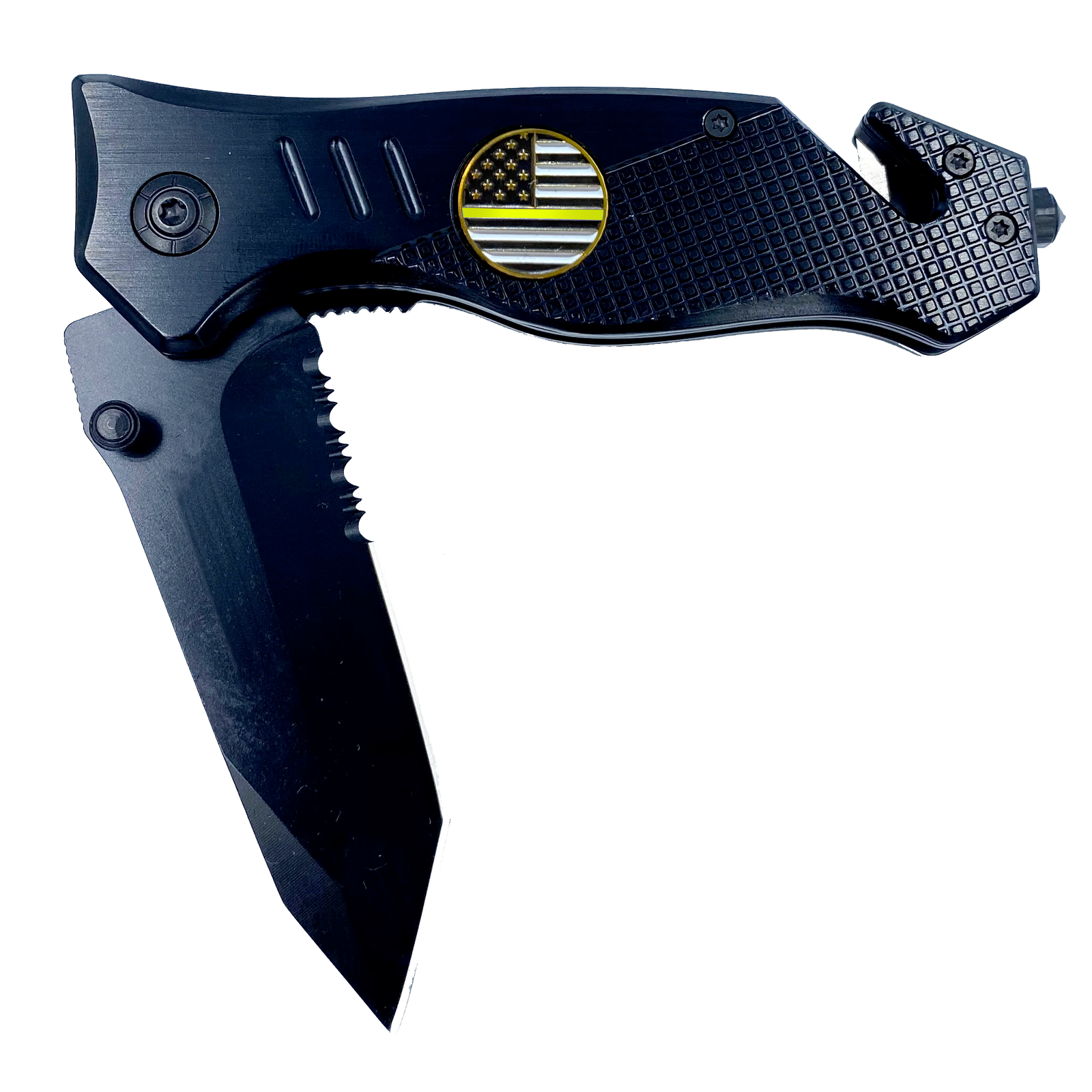 Thin Yellow Line collectible 3-in-1 Police Tactical Rescue Knife for with Seatbelt Cutter, Steel Serrated Blade, Glass Breaker 2-K