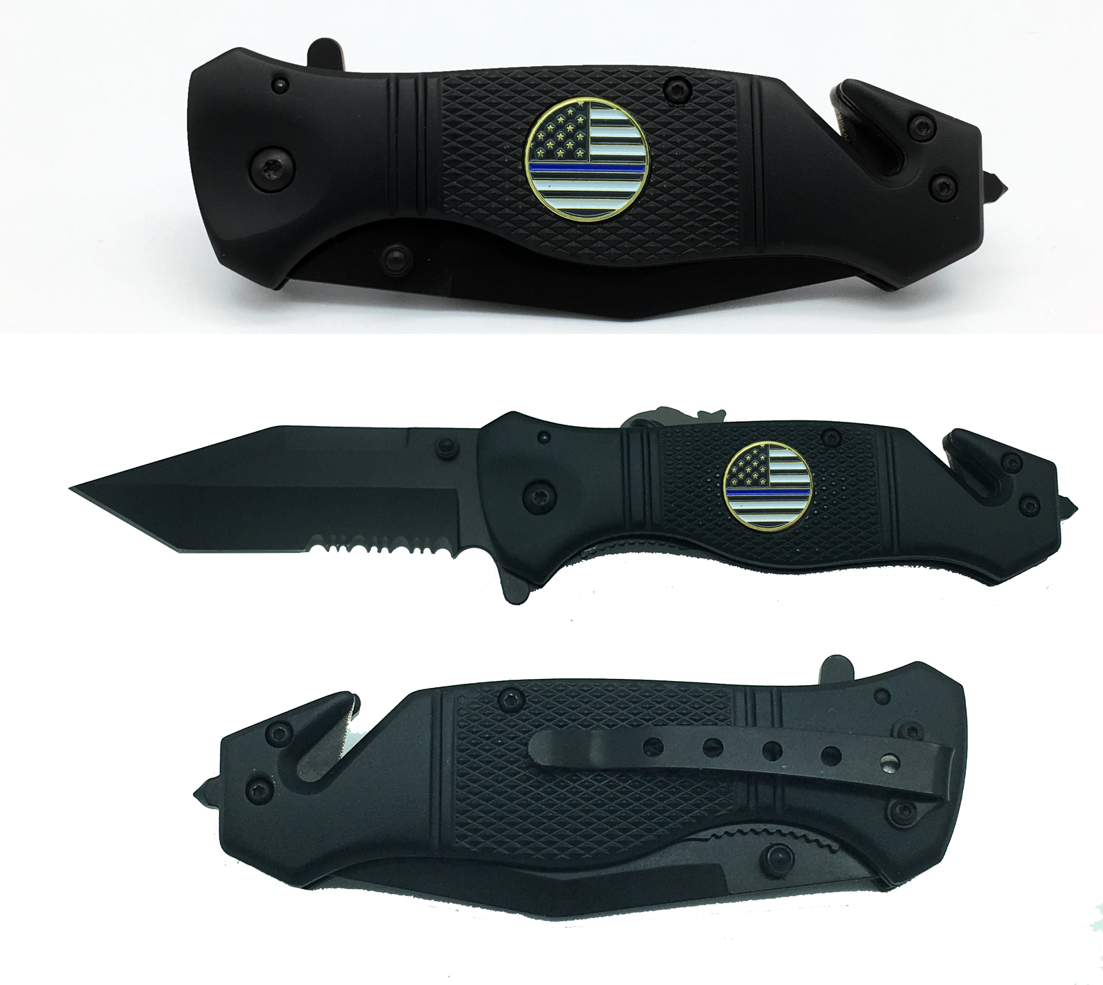 Thin Yellow Line collectible 3-in-1 Police Tactical Rescue Knife for with Seatbelt Cutter, Steel Serrated Blade, Glass Breaker 2-K