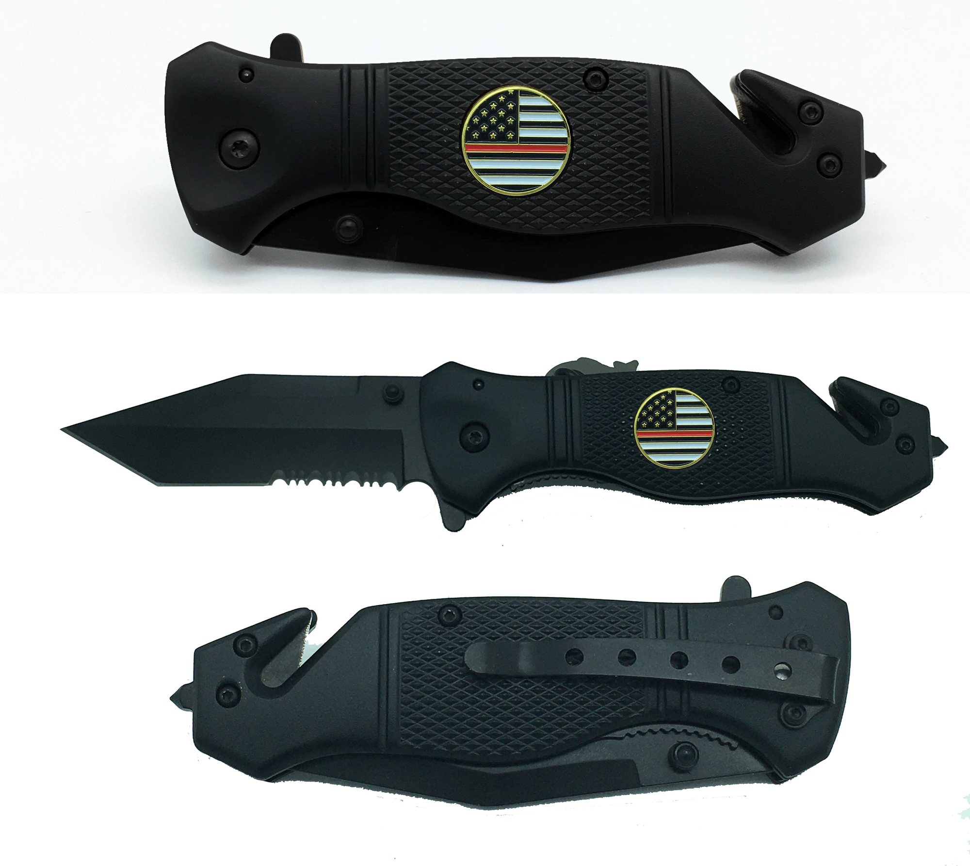 Thin Yellow Line collectible 3-in-1 Police Tactical Rescue Knife for with Seatbelt Cutter, Steel Serrated Blade, Glass Breaker 2-K