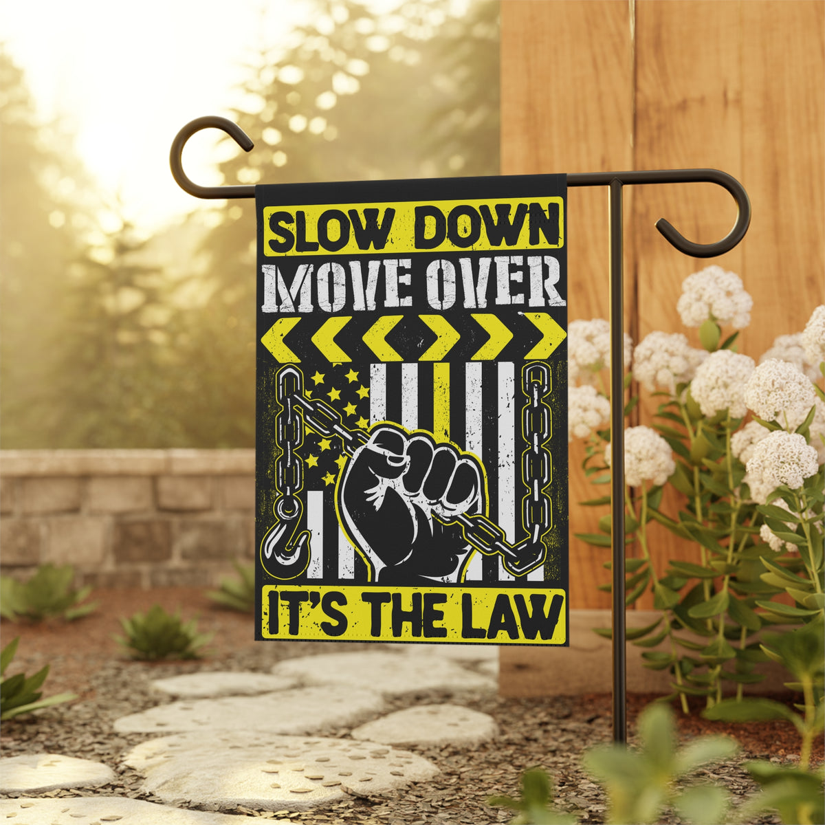 Slow Down Move Over Towing Garden Flag - Double-side print