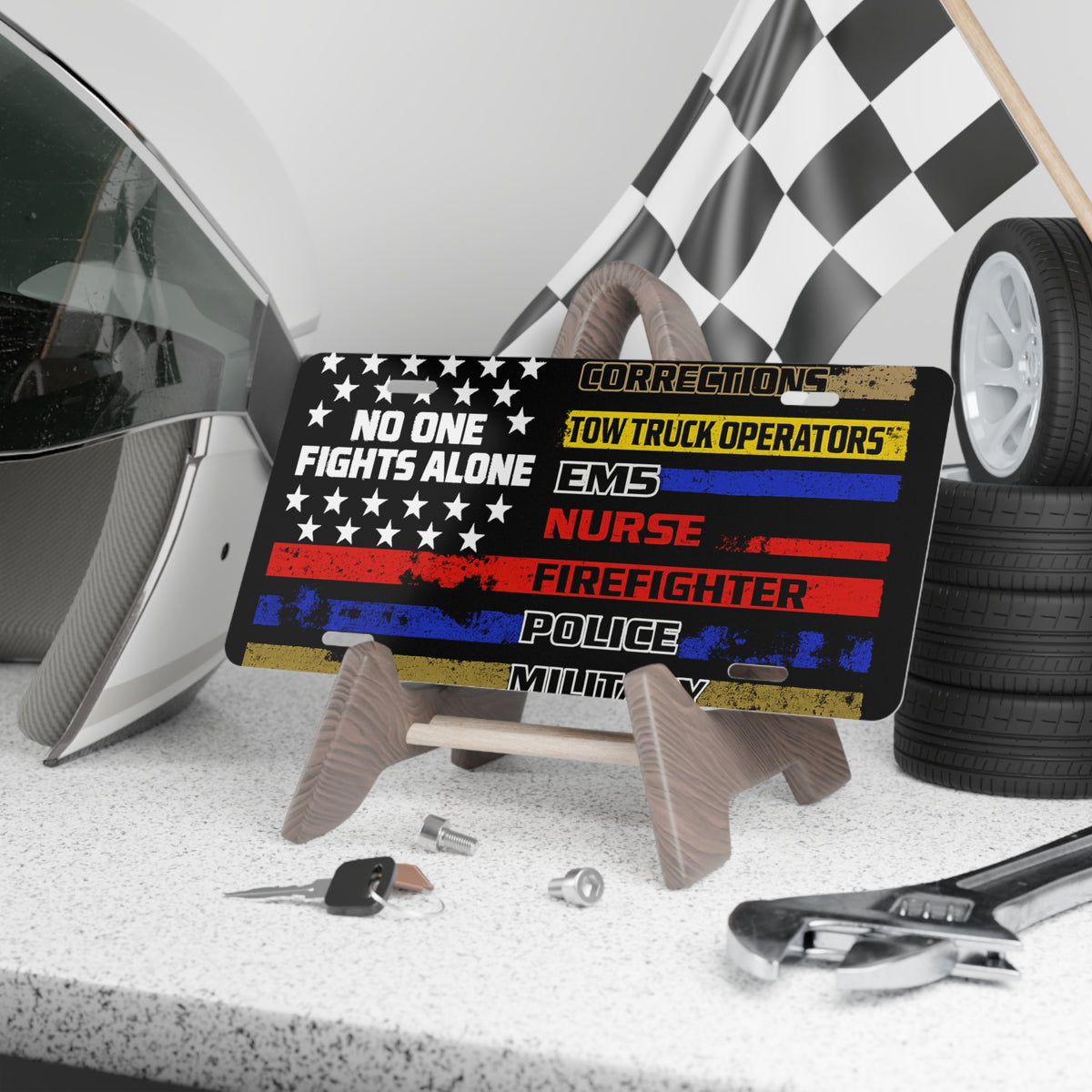 No One Fights Alone License Plate – Tow Truck, EMS, Firefighter, Police, Military Tribute - view 3