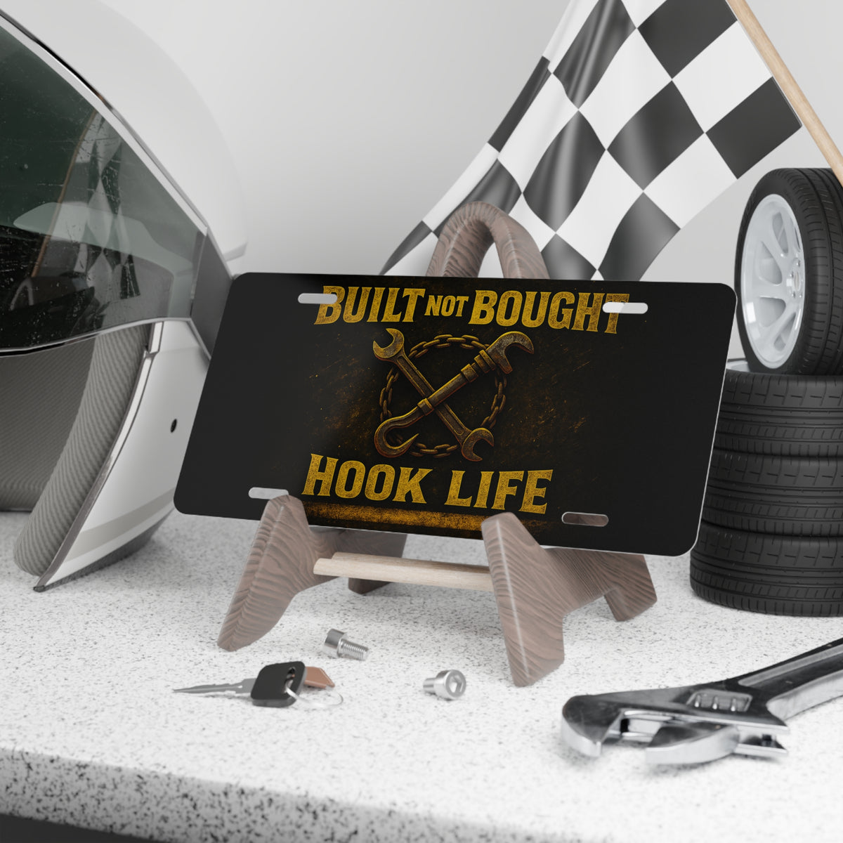 Built Not Bought Vanity Plate – Hook Life Tow Truck Operator Wrench Chain Design - view 3