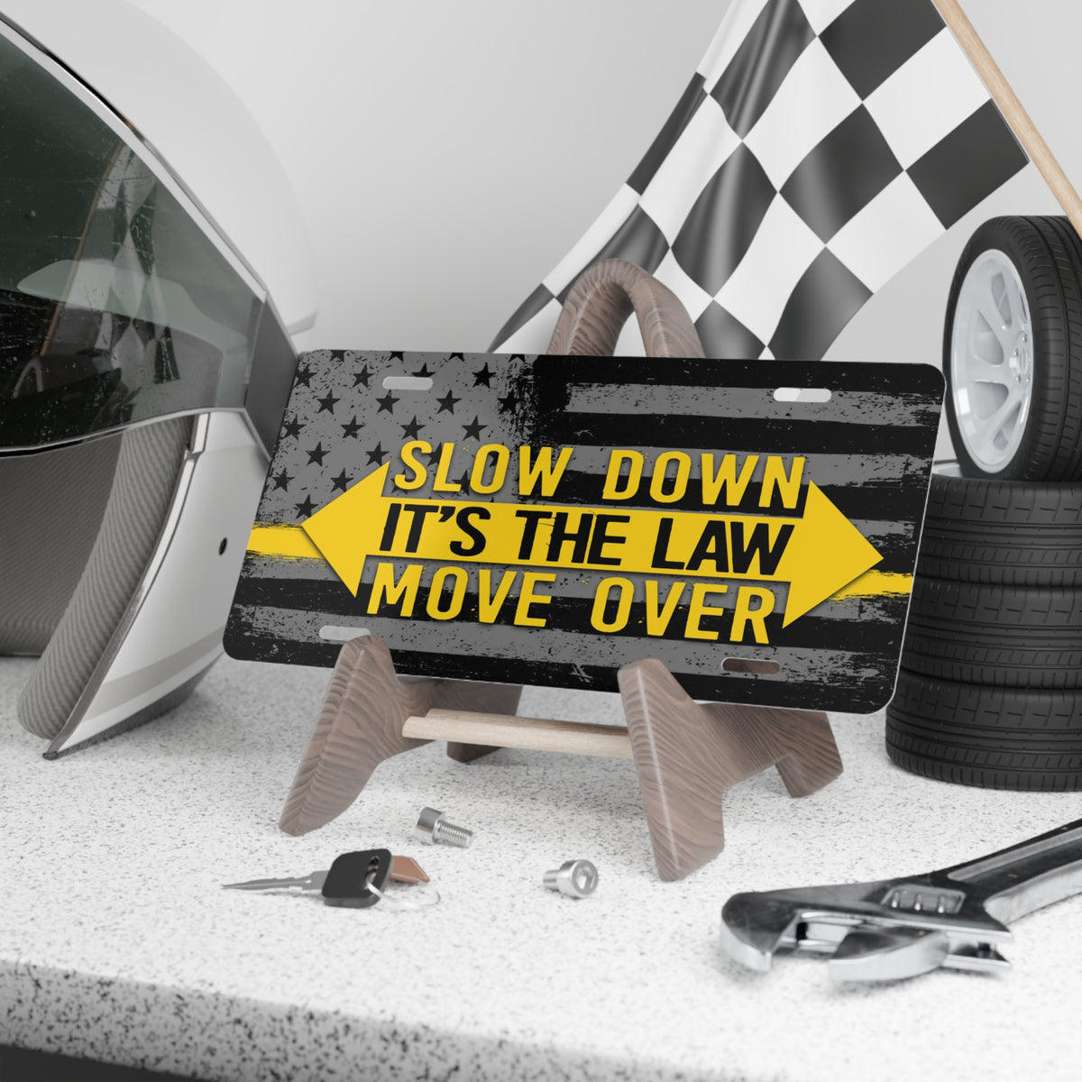 Slow Down Move Over Vanity Plate – Thin Yellow Line American Flag Safety Sign - view 3