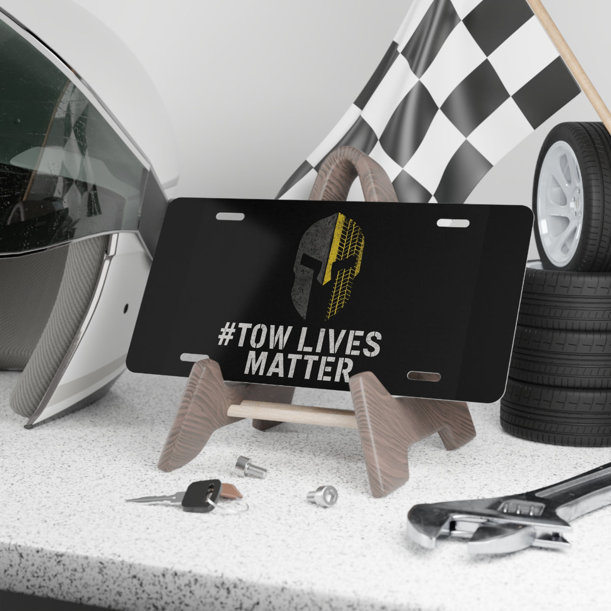 Tow Lives Matter Vanity Plate – Spartan Helmet with Yellow Tire Track for Tow Truck Operators - view 3
