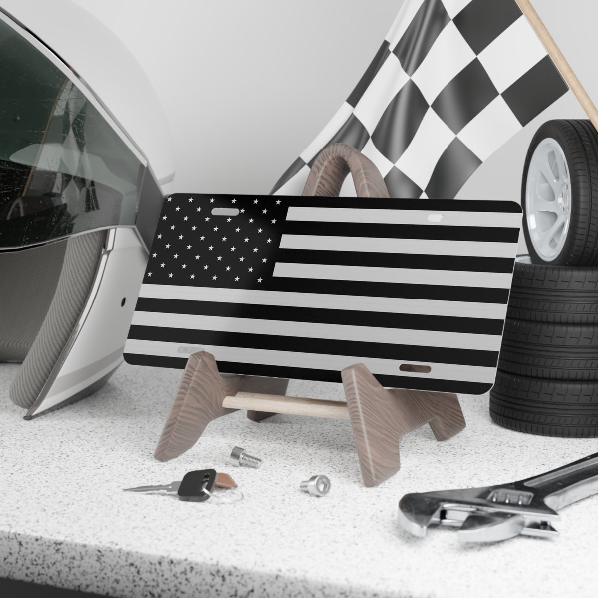 Black and Silver American Flag Vanity Plate – Monochrome Patriotic License Tag - view 3