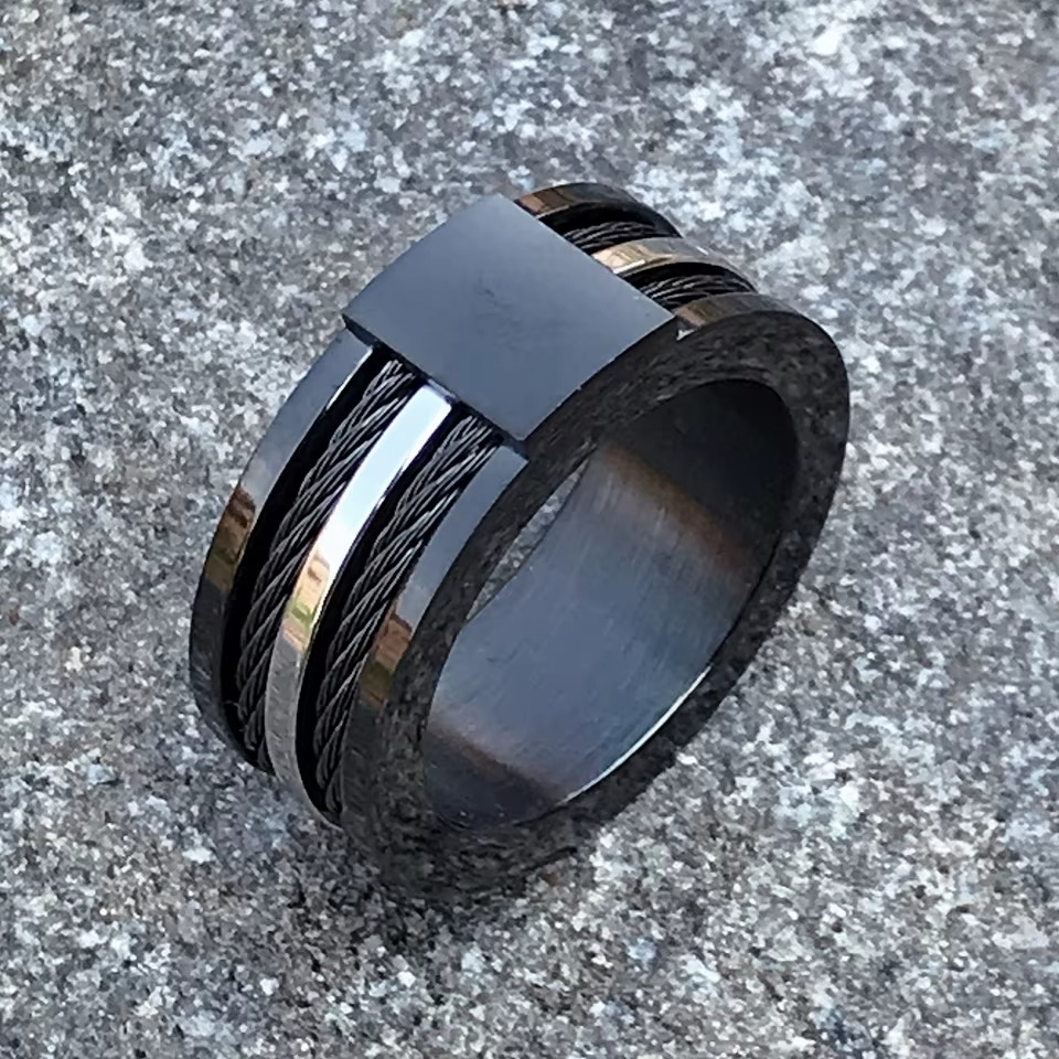 Men's Black Cable Ring – Tough Stainless Steel Band