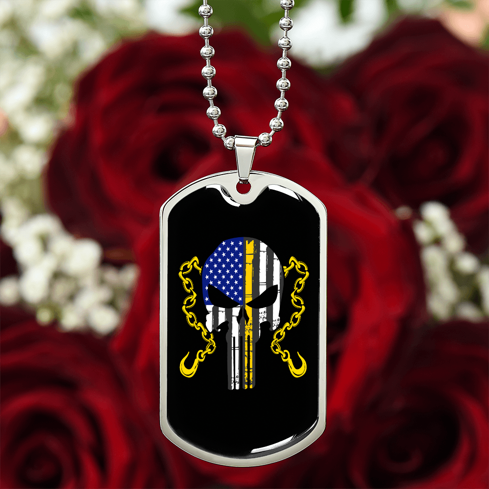 Thin Yellow Line Skull Dog Tag Necklace