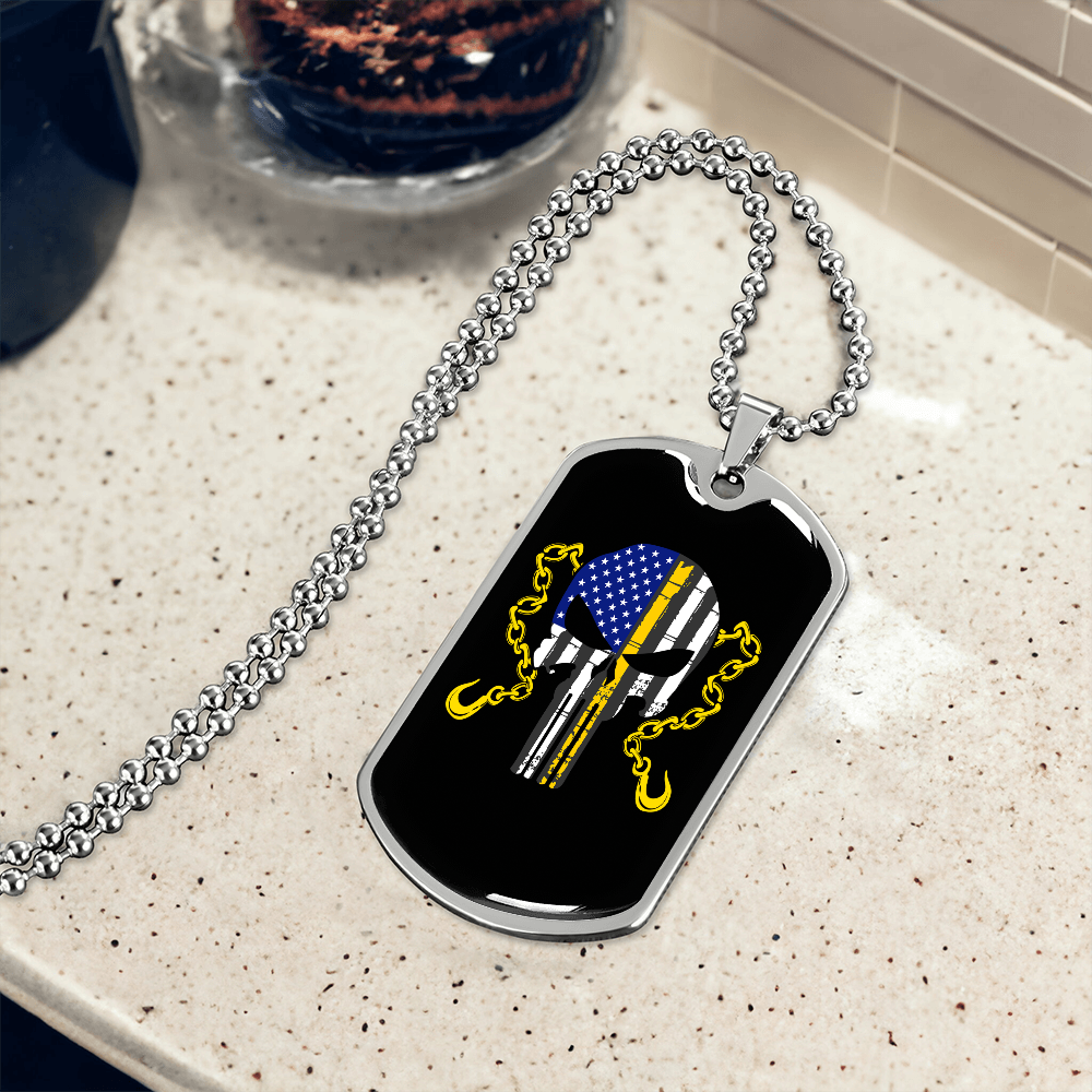 Thin Yellow Line Skull Dog Tag Necklace