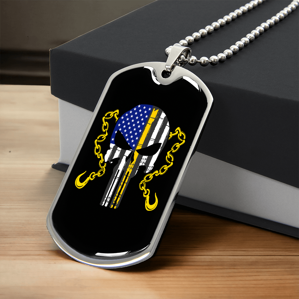 Thin Yellow Line Skull Dog Tag Necklace