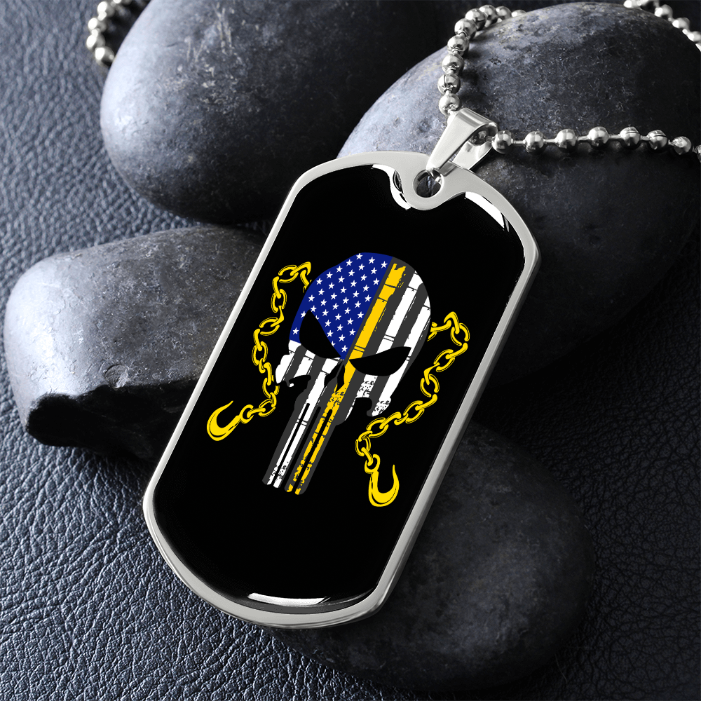 Thin Yellow Line Skull Dog Tag Necklace