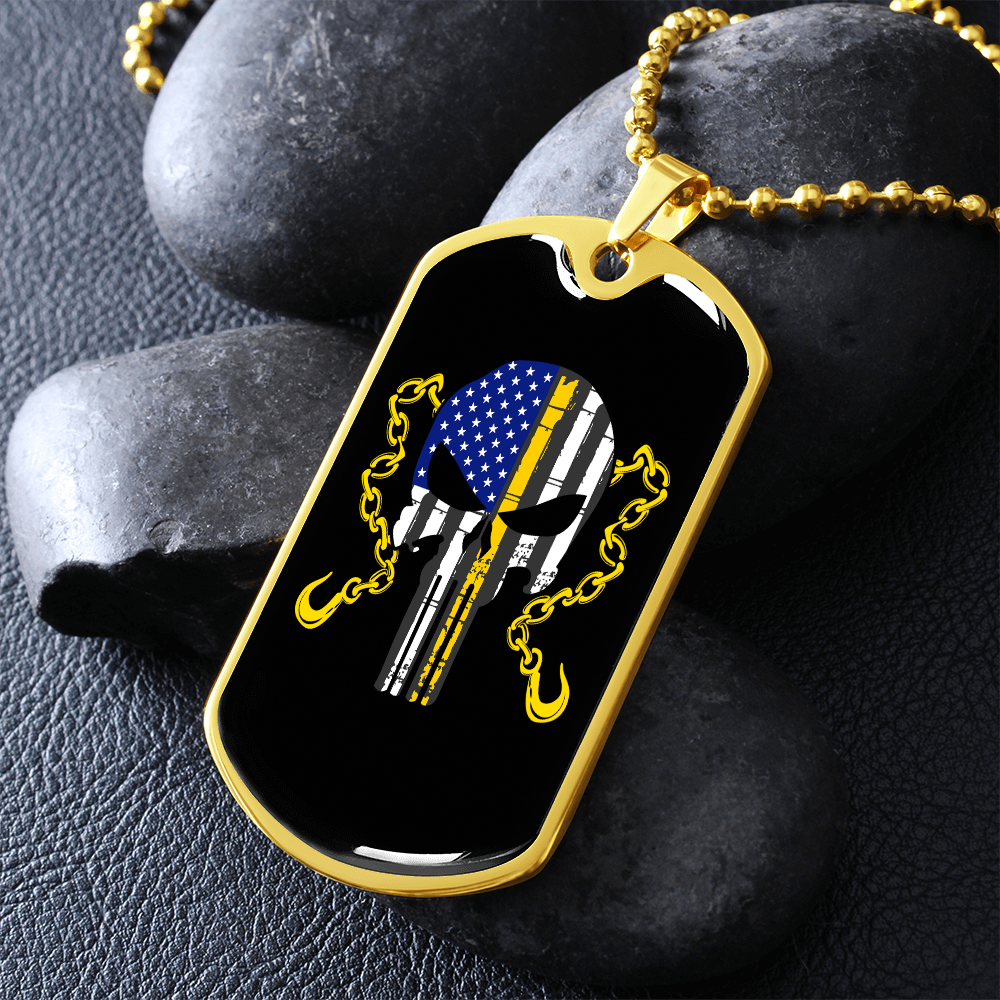 Thin Yellow Line Skull Dog Tag Necklace