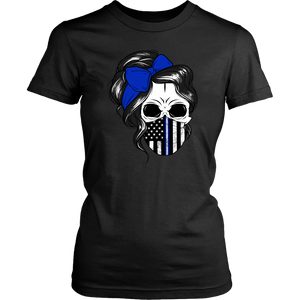 Skull with Messy Bun and Police Flag Mask Shirt