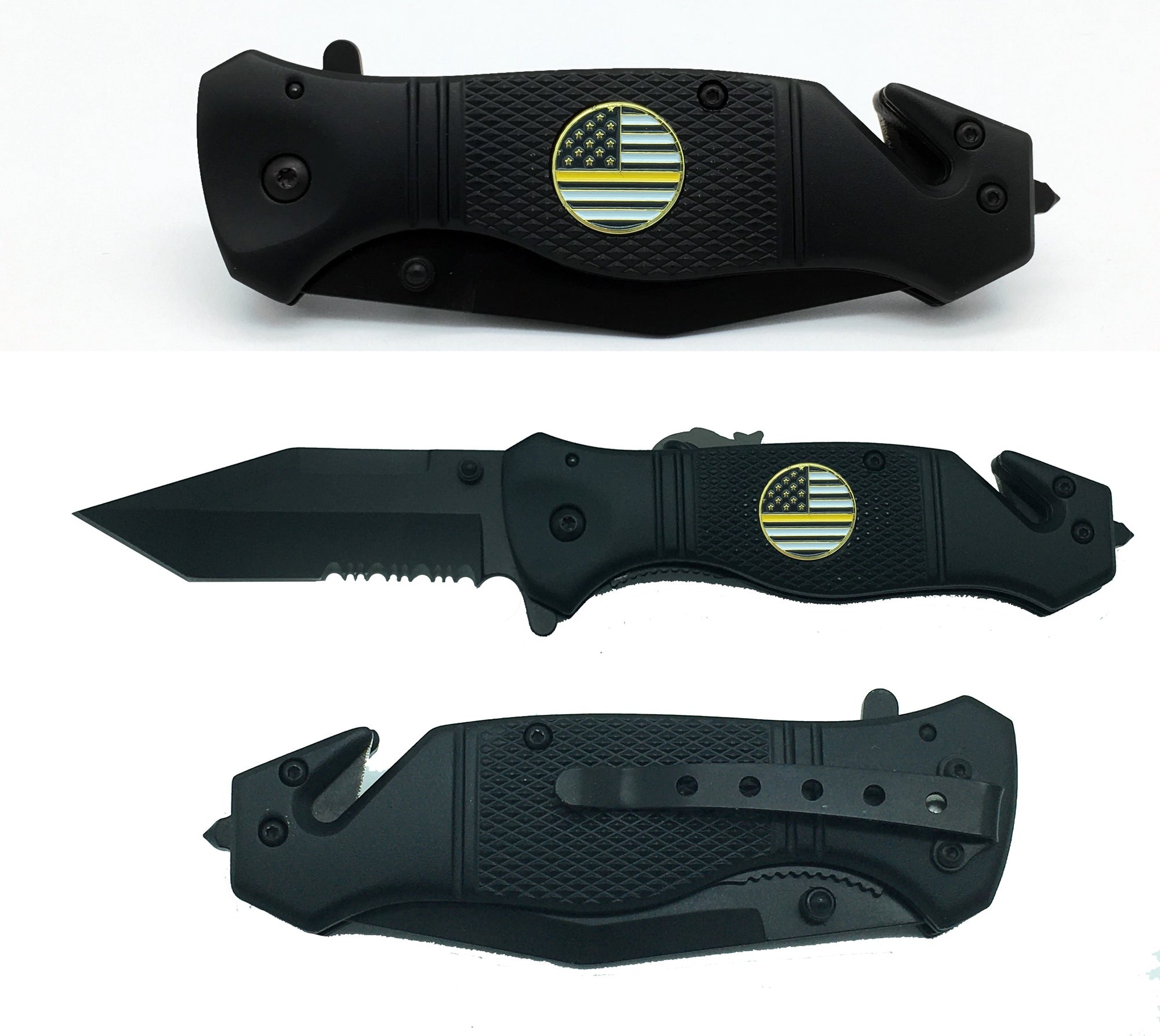 Thin Yellow Line collectible 3-in-1 Police Tactical Rescue Knife for with Seatbelt Cutter, Steel Serrated Blade, Glass Breaker 2-K