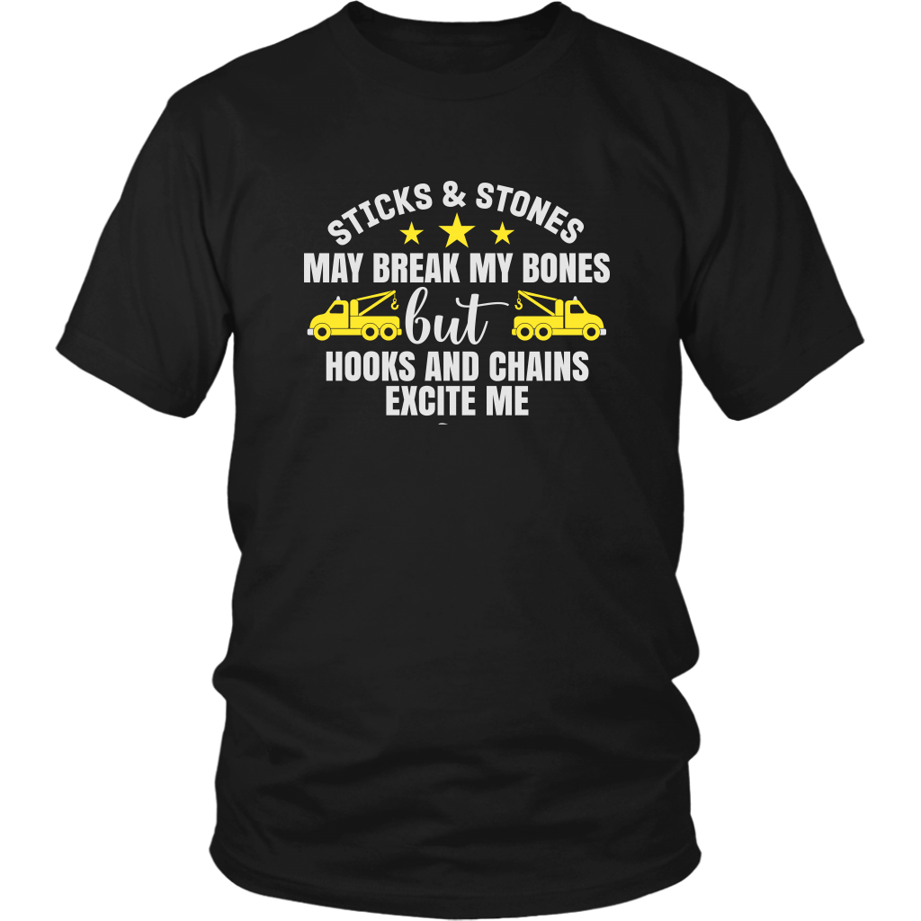 Hooks and Chains Excite Me Funny Tow Truck Driver Sayings District unisex Shirt / Black / 4XL