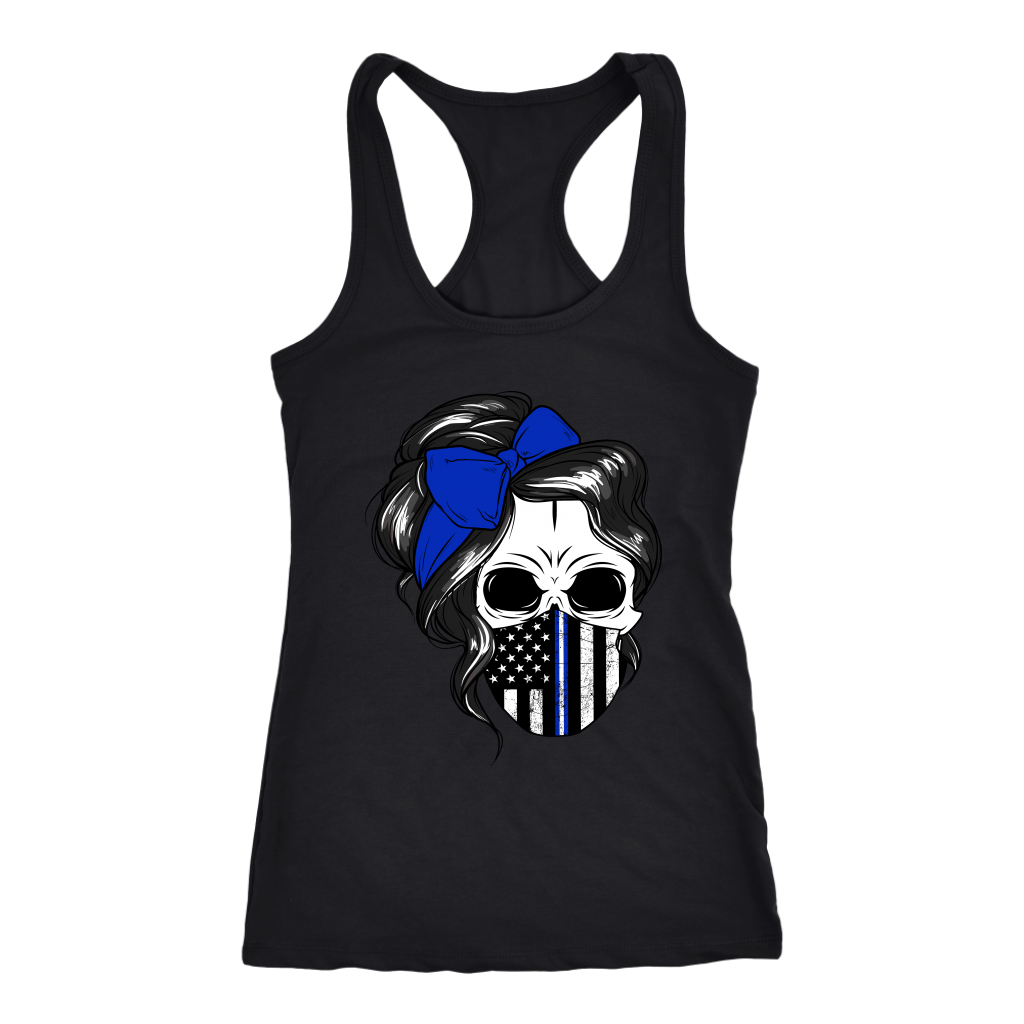 Skull with Messy Bun and Police Flag Mask Shirt