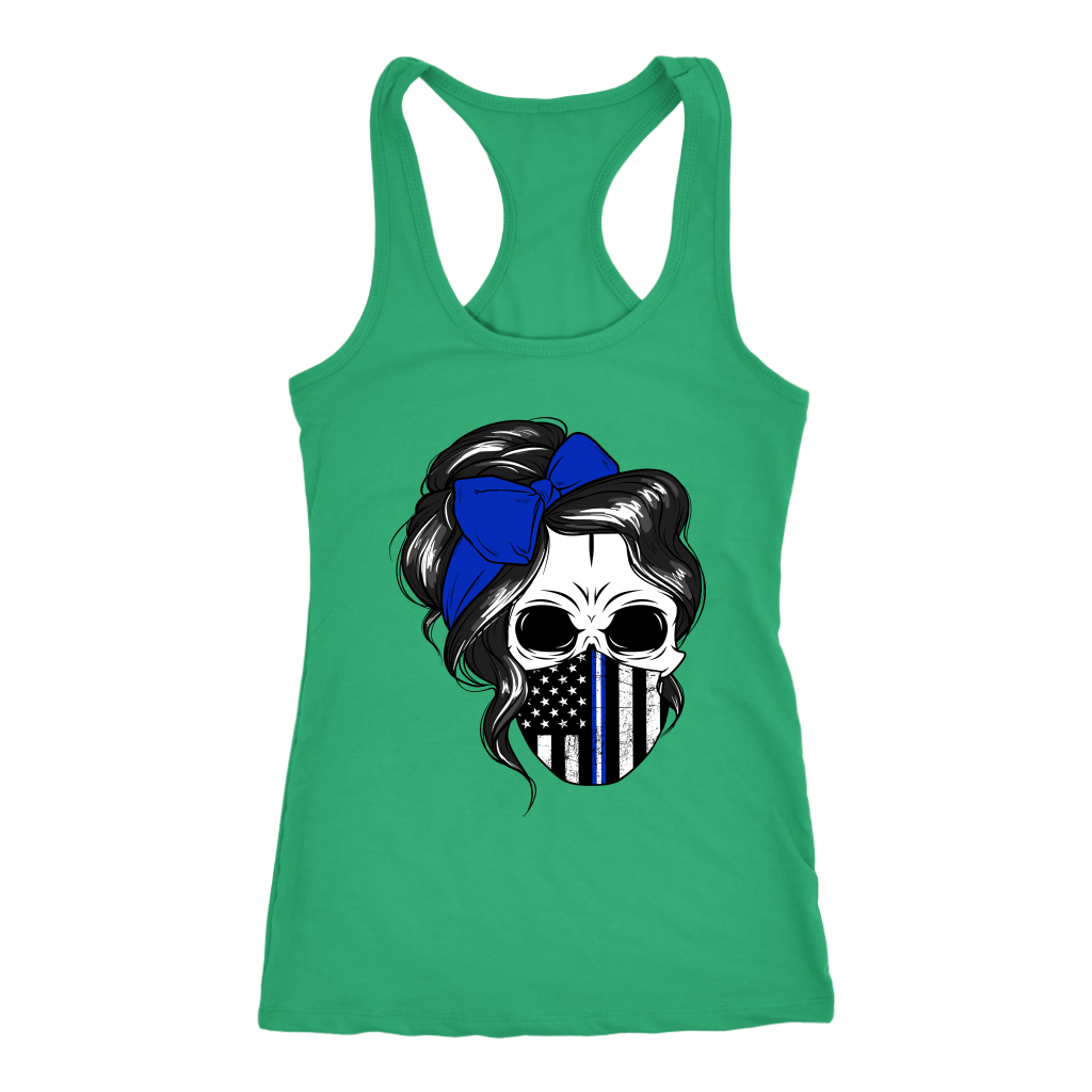 Skull with Messy Bun and Police Flag Mask Shirt - view 2